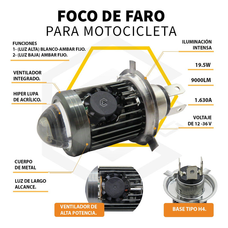 Foco Moto H4 Lupa Con Ventilador Ba20d Bicolor 6 Leds Csp T