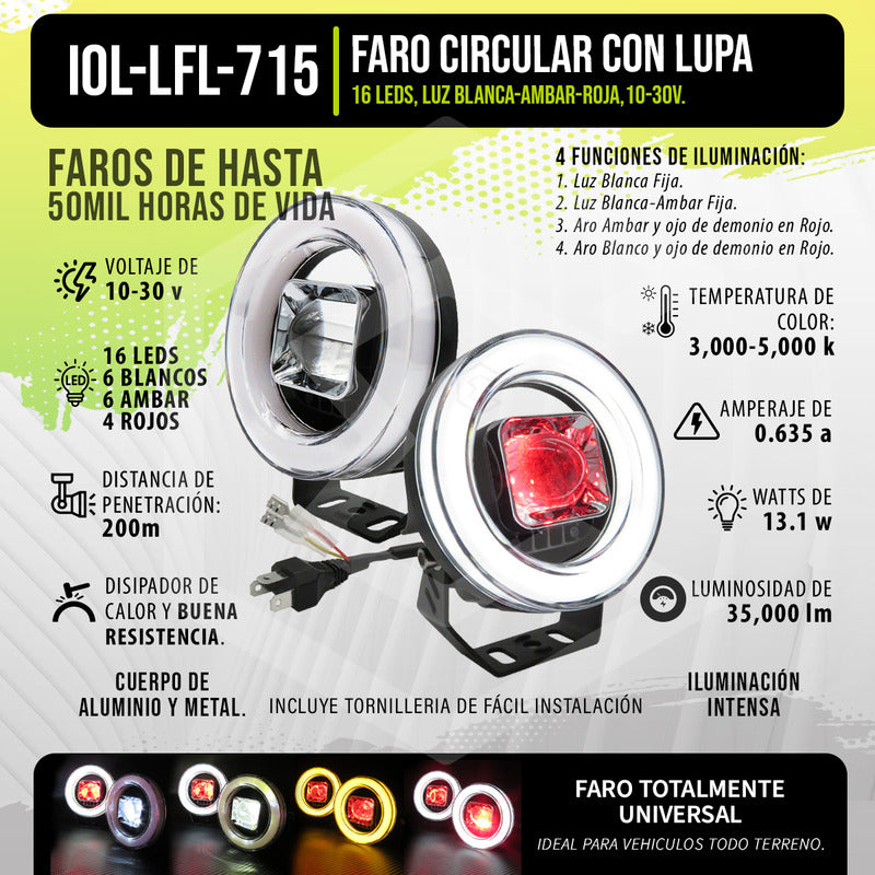 Par Faros Auxiliares 16 Led Con Lupa Bicolor Ojo Ángel 9-30v