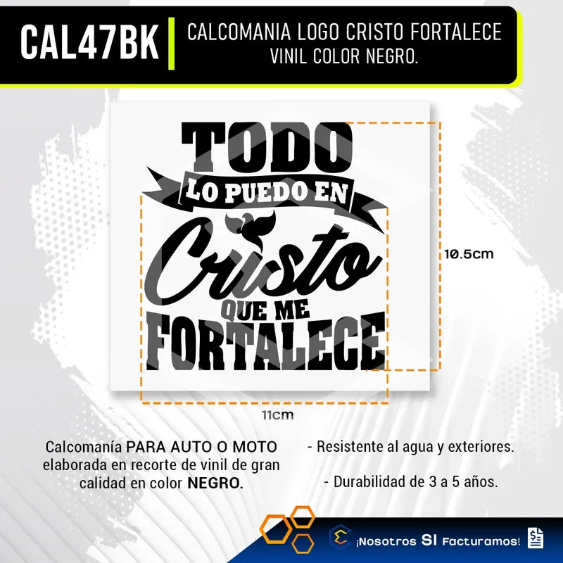 Calcomanía Cristo Me Fortalece Negro Sticker Vinil Auto 11cm