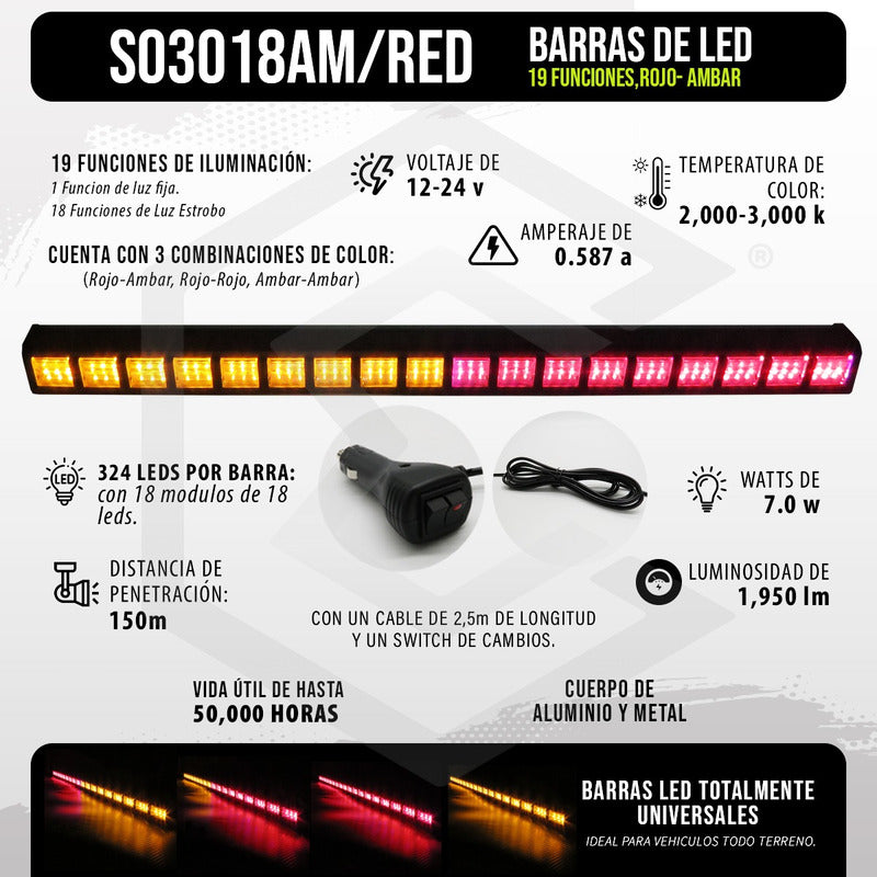 Barra 324 Led 19 Funciones 18 Módulos Bicolor Estrobo 12-24v