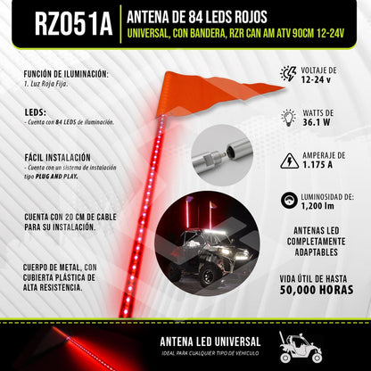 Antena 84 Leds Universal Bandera Rzr Can Am Atv 90cm 12-24v