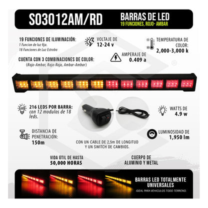 Barra 216 Led 19 Funciones 12 Módulos Bicolor Estrobo 12-24v