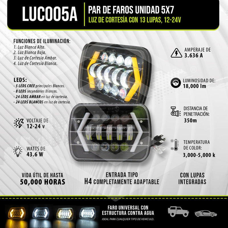 Par De Faros Unidad 5x7 Luz De Cortesía Con 13 Lupas 12-24v