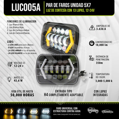 Par De Faros Unidad 5x7 Luz De Cortesía Con 13 Lupas 12-24v
