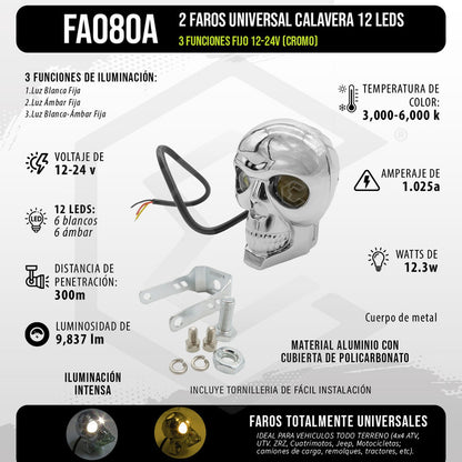 2 Faros Universal Calavera 12 Leds 3 Funciones Fijo 12-24v