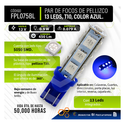Par De Focos Pellizco 13 Leds 5050 T10-158 Cuartos Stop 12v