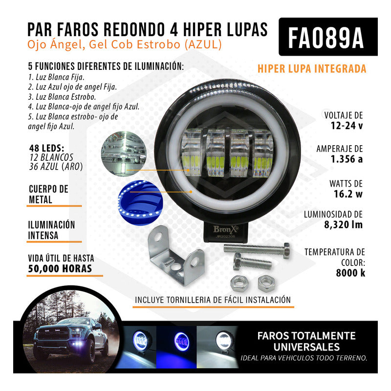 Par Faros Redondo 4 Hiper Lupa Ojo Ángel Gel Cob Estrobo