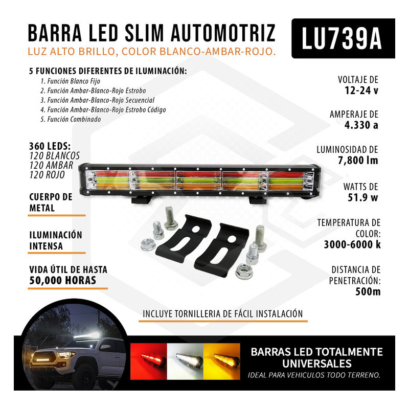 Barra Led 21.8'' Multicolor Fijo 4 Funciones Estrobo 12-24v