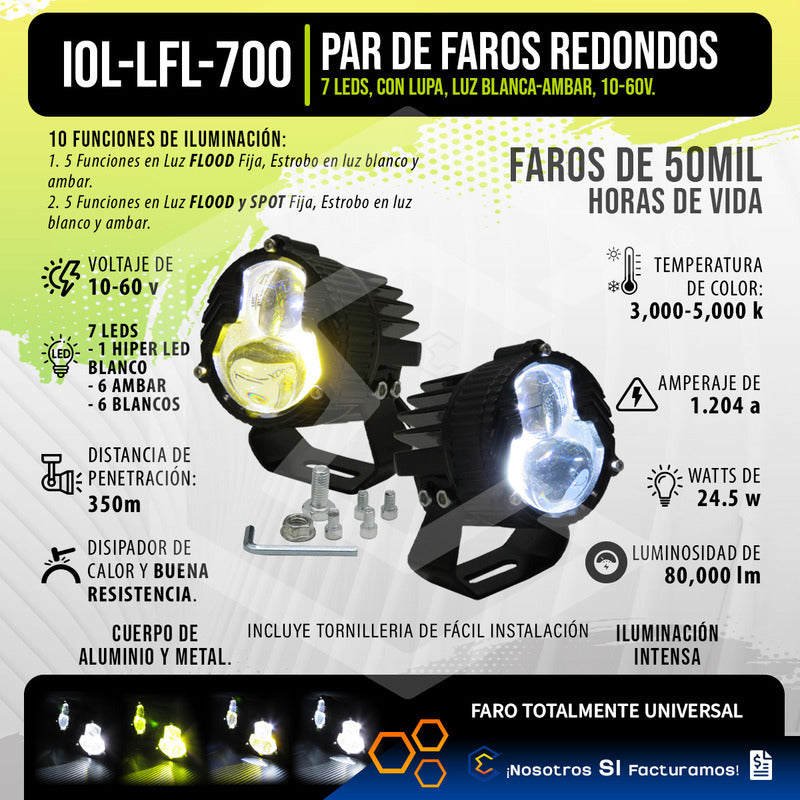 Par Faros 7 Led 2lupa Flood Spot Bicolor Fijo Estrobo 10-60v
