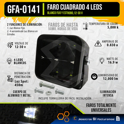 Par Faros 4 Led Luz Blanco Spot Fijo Estrobo 12,000lm 12-30v