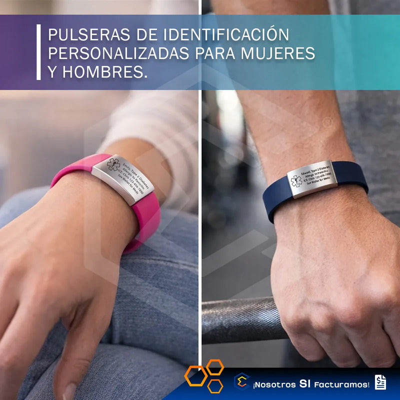 Kit 2 Pulsera Identificación Personalizada Emergencia Láser Negro