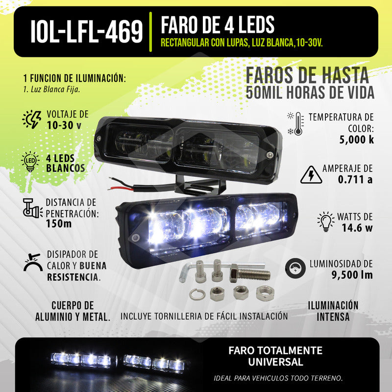 Par Faros Barra 4 Leds Blanco 4 Lupas Fijo 6'' PuLG 10-30v