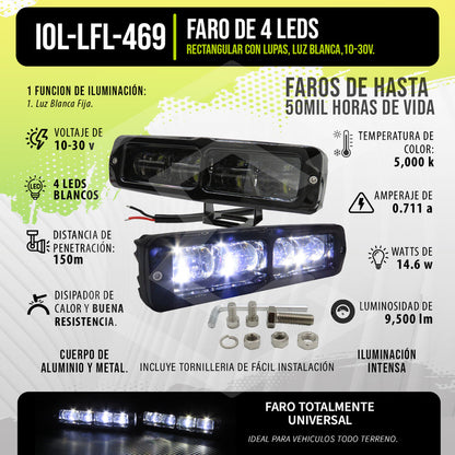 Par Faros Barra 4 Leds Blanco 4 Lupas Fijo 6'' PuLG 10-30v