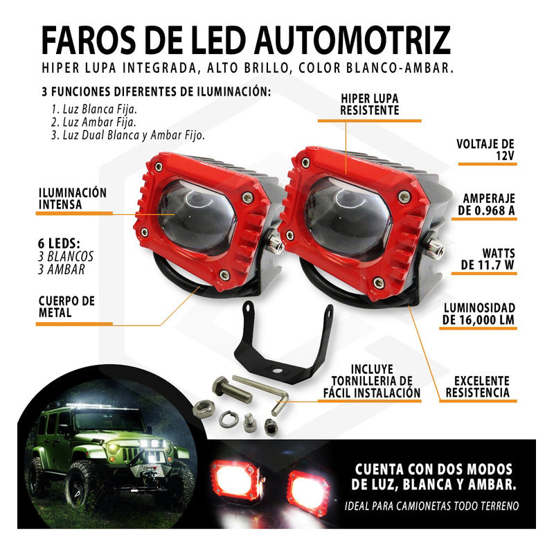 Par De Faros Con Lupa  10-30v Cuadrado Blanco/ambar 16000lm