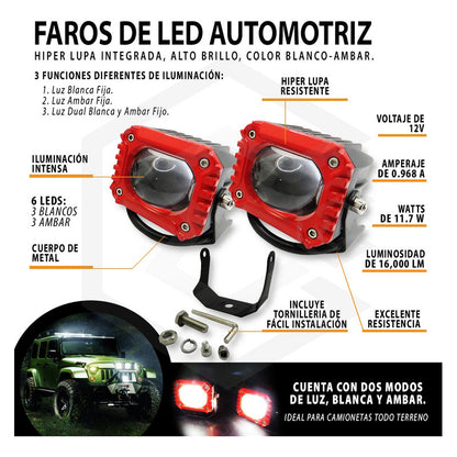 Par De Faros Con Lupa  10-30v Cuadrado Blanco/ambar 16000lm