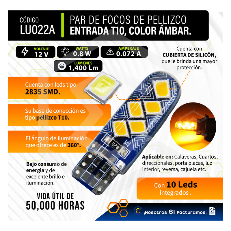 Par De Focos De Pellizco T10 10 Leds Smd Silicón Mosaico 12v