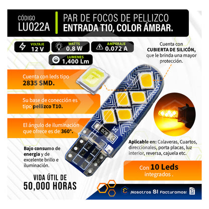 Par De Focos De Pellizco T10 10 Leds Smd Silicón Mosaico 12v
