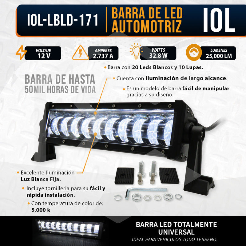 Barra 20 Leds Luz Blanca Fija Con 10 Lupas 11.4'' PuLG 32.8w