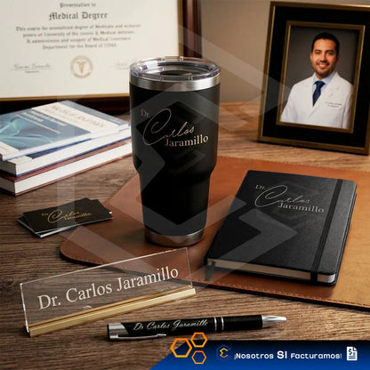 Kit Termo Libreta Pluma Personalizado Láser Nombre Logo 30oz Negro