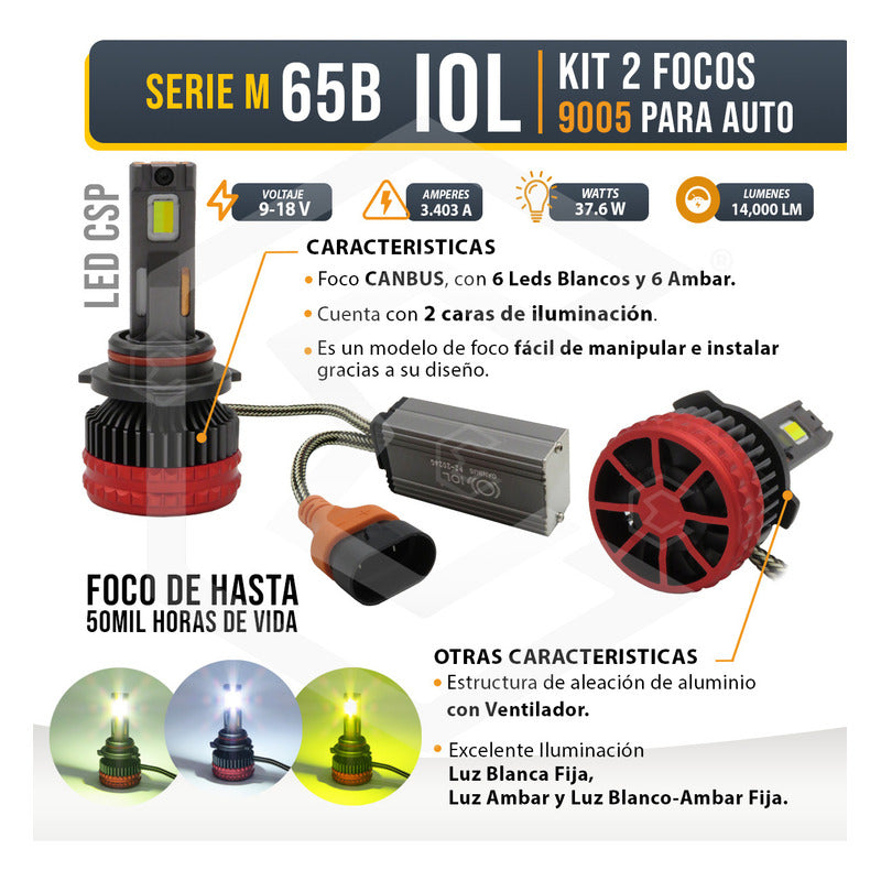 2 Focos 9005 12 Led Csp Bicolor Ventilador Alta Baja 14000lm 9005