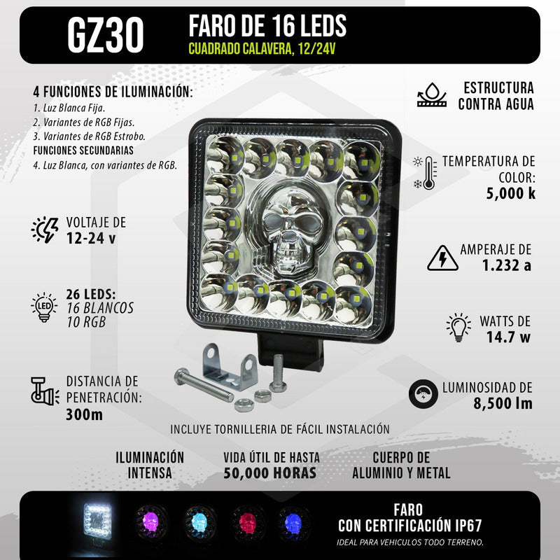 Par De Faros Calavera 26 Leds 4 Funciones Blanco-rgb 12-24v