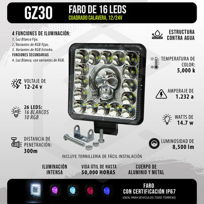 Par De Faros Calavera 26 Leds 4 Funciones Blanco-rgb 12-24v
