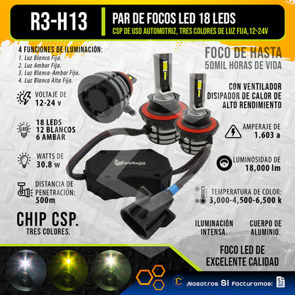 Kit Focos Led H13 Ventilador Alta Y Baja Tricolor 18,000lm H13