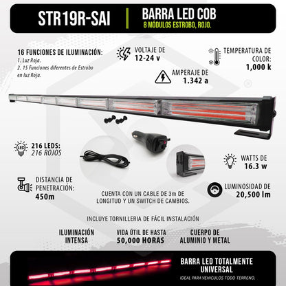 Barra Torreta Led Cob 8 Módulos Estrobo Código 16 Funciones