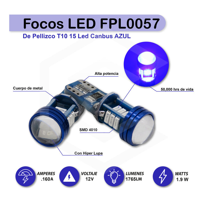 Par De Focos De Pellizco T10 15 Led Canbus Con Lupa 4010 12v