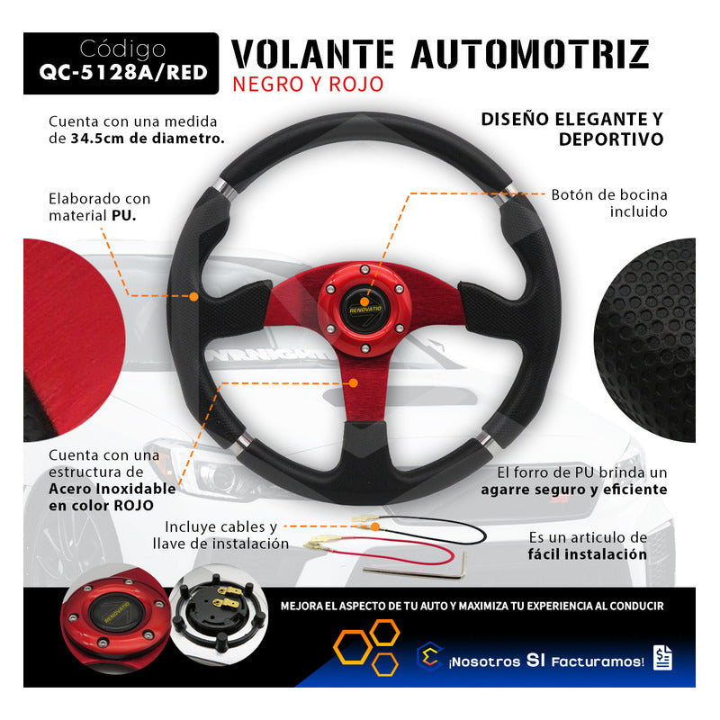 Volante Deportivo Universal Rojo 4 Lineas De Agarre En Cromo Rojo