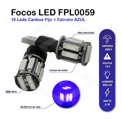 Kit 10 Focos De Pellizco 10 Led Canbus Fijo + Estrobo T10