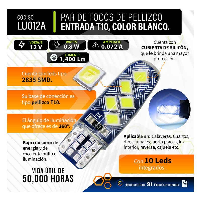 Par De Focos De Pellizco T10 10 Leds Smd Silicón Mosaico 12v