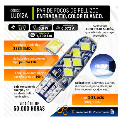 Par De Focos De Pellizco T10 10 Leds Smd Silicón Mosaico 12v