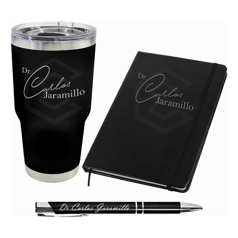 Kit Termo Libreta Y Pluma Personalizados Láser Para Regalo Negro