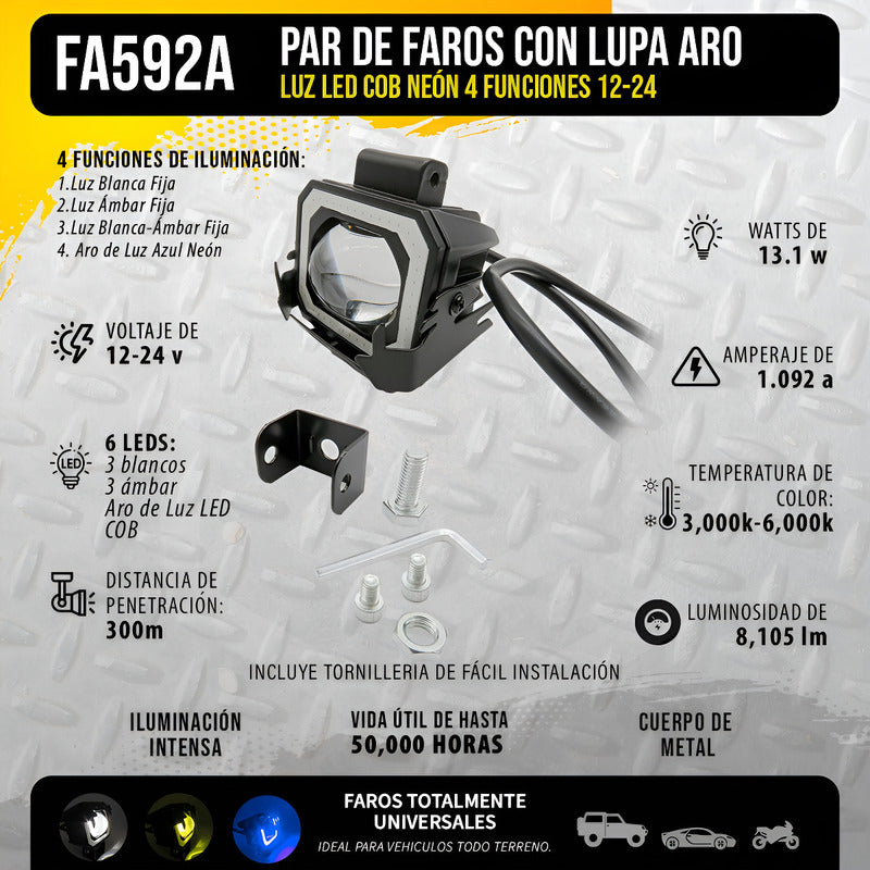 Par De Faros Con Lupa Aro Luz Led Cob Neón 4 Funciones 12-24