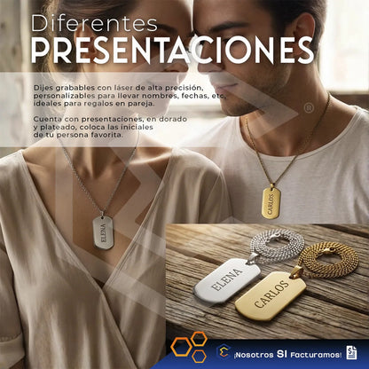 Collar Dije Rectangulo Plata Personalizado Grabado Acero Ino Plateado