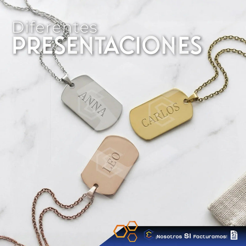 Collar Dije Rectangulo Dorado Personalizado Grabado Acero In Dorado
