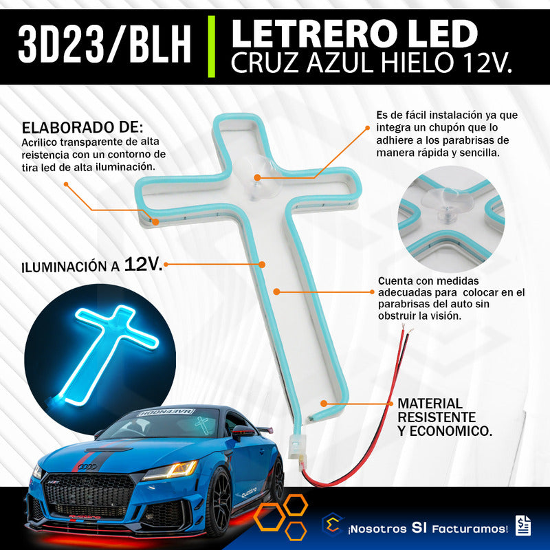 Figura Cruz Led Luz Neon Parabrisas Chupón Grande 26cm 12v