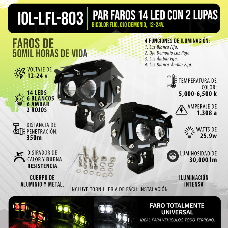 Par Faros 14 Led Con 2 Lupas Bicolor Fijo Ojo Demonio 12-24v