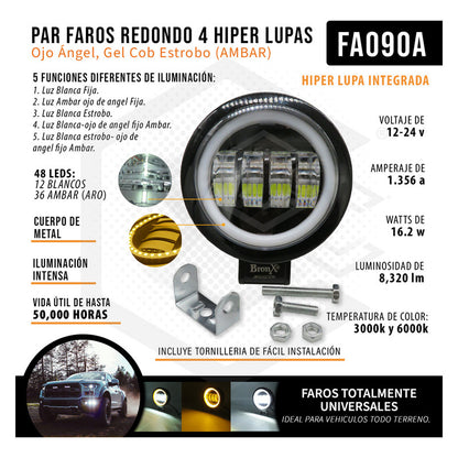 Par Faros Redondo 4 Hiper Lupa Ojo Ángel Gel Cob Estrobo