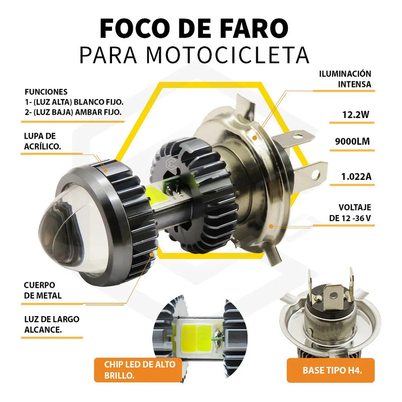 Foco Moto H4 Lupa Proyector Ba20d Bicolor 66 Led 2 Funcion T