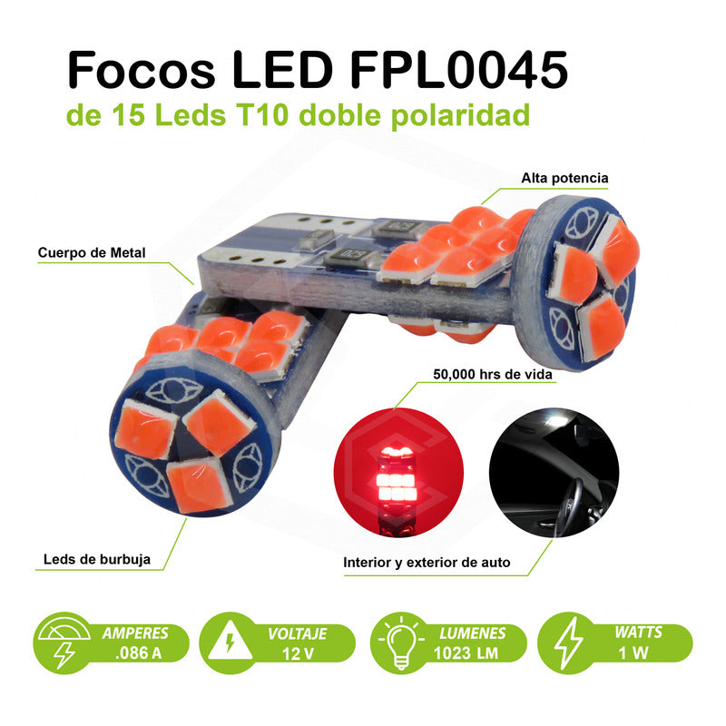 Par Foco Pellizco T10 15leds Burbuja Canbus Doble Polaridad