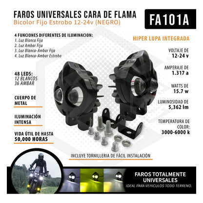 Faros Universales Cara De Flama Bicolor Fijo Estrobo 12-24v