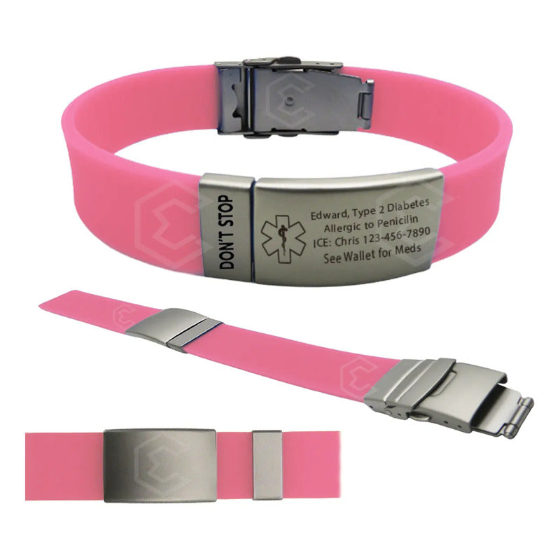 Kit 4 Pulsera Identificación Personalizada Emergencia Láser Rosa