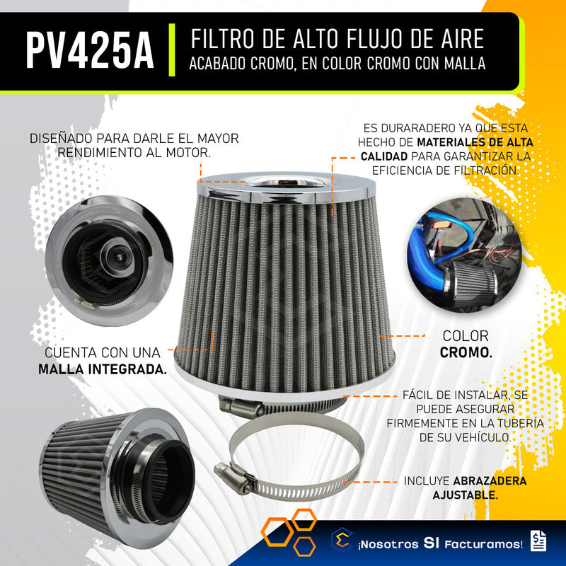 Filtro De Alto Flujo Universal Cromado Con Malla Abrazadera
