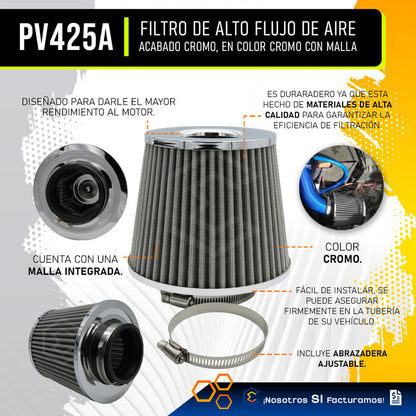 Filtro De Alto Flujo Universal Cromado Con Malla Abrazadera