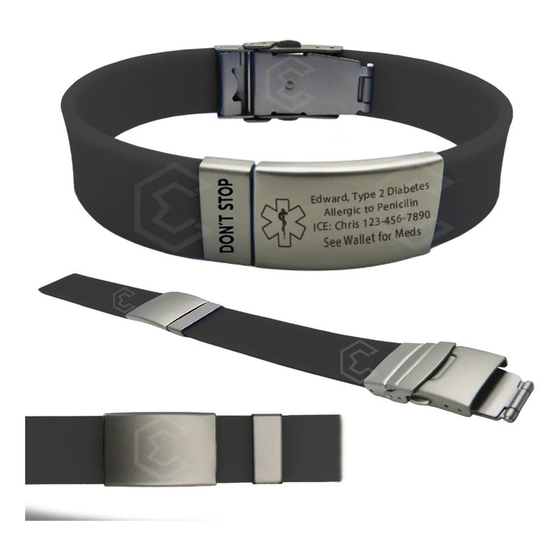 Kit 2 Pulsera Identificación Personalizada Emergencia Láser Gris