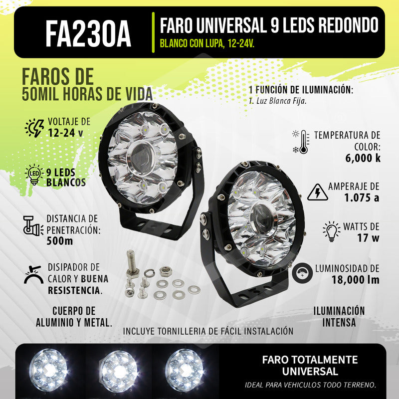 Par De Faros 9 Leds Redondo Con Lupa Luz Fija 5 PuLG 12-24v
