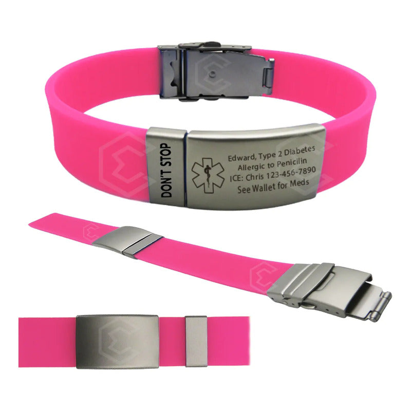 Pulsera Identificación Personalizada Emergencia Grabadoláser Rosa Fosfo