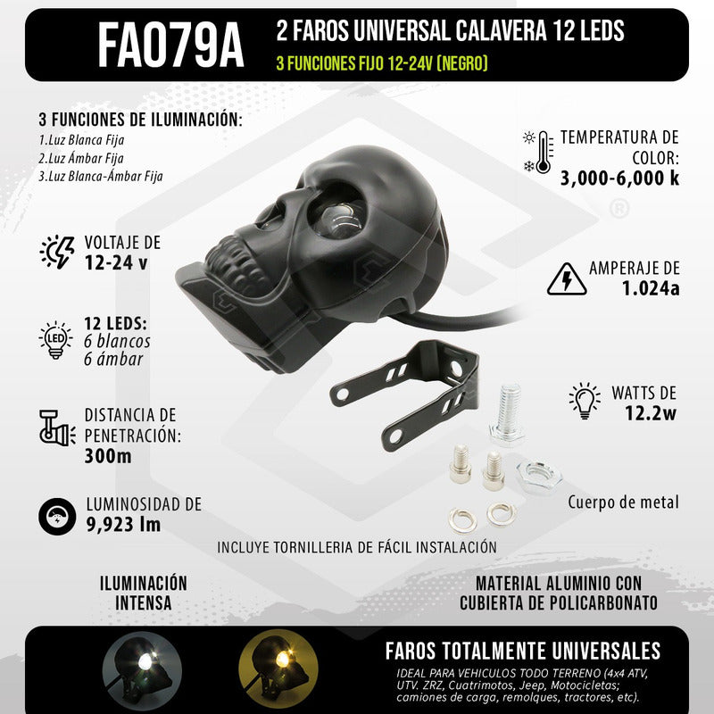 2 Faros Universal Calavera 12 Leds 3 Funciones Fijo 12-24v